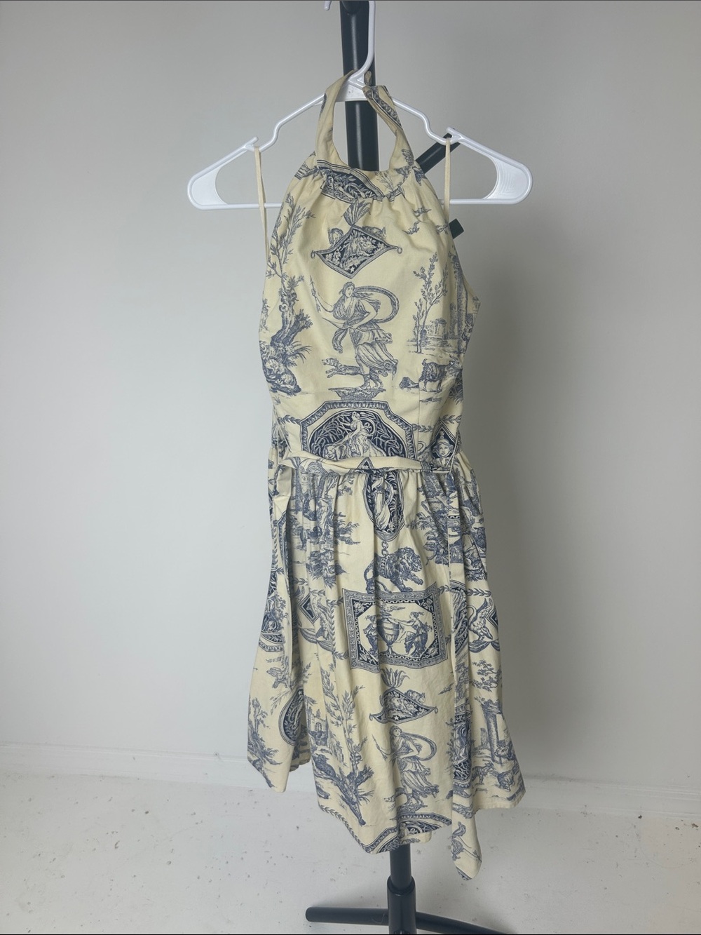 Cream Halter Toile Print Casual Dress with Tie Waist